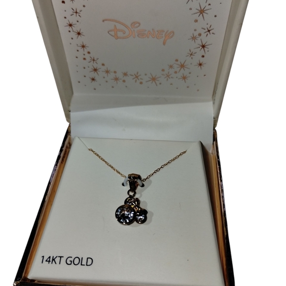 14kt Disney Necklace CZ Minnie Mouse Bow Pendant On 16" Chain by Jacmel Nib - Picture 1 of 7